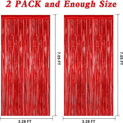 Skiennix Red Tinsel Backdrop - 2 Pack Fringe Curtains | 3.28 FT x 7.05 FT for Valentine's Day & Weddings