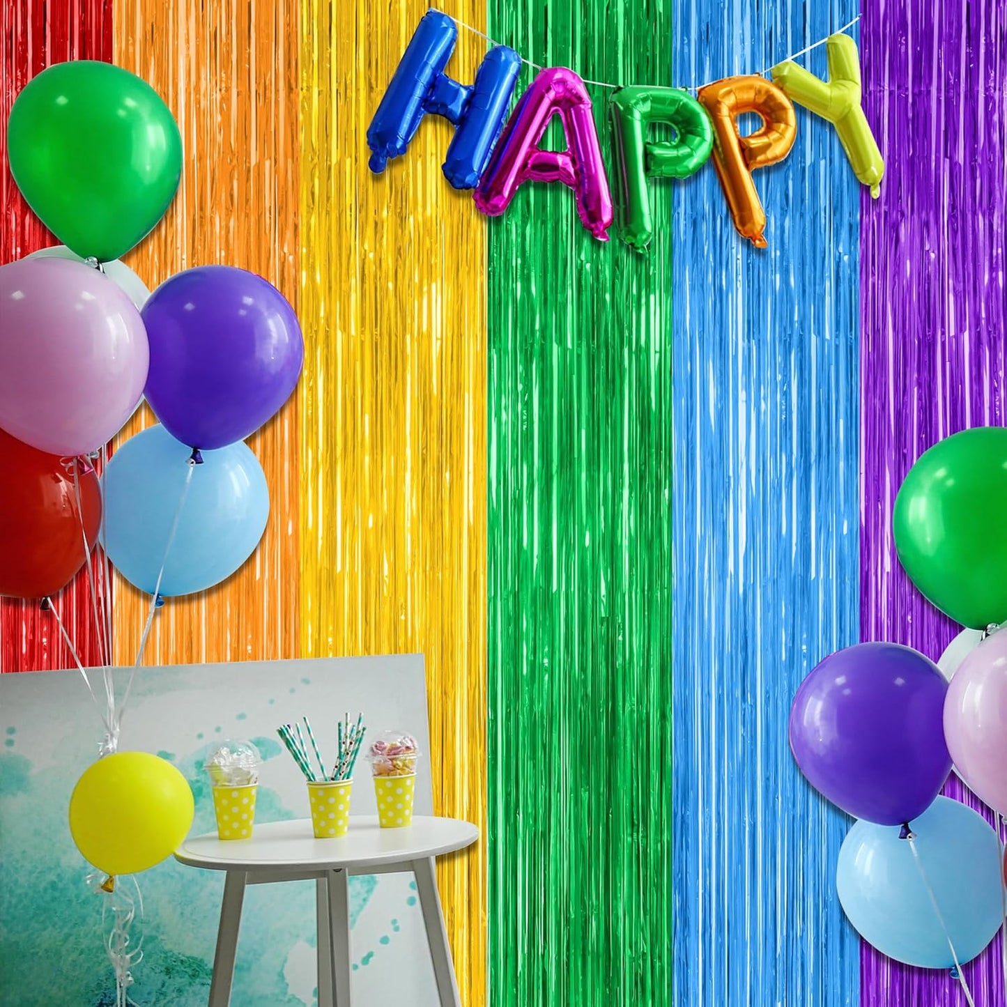 Skiennix Rainbow Backdrop - 12 Pack Metallic Fringe Curtains | 3.28 FT x 7.05 FT Pride Party Decor