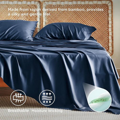 Bedsure King Size Cooling Sheets Set - Breathable Rayon from Bamboo, Soft & Luxurious, Deep Pocket Navy