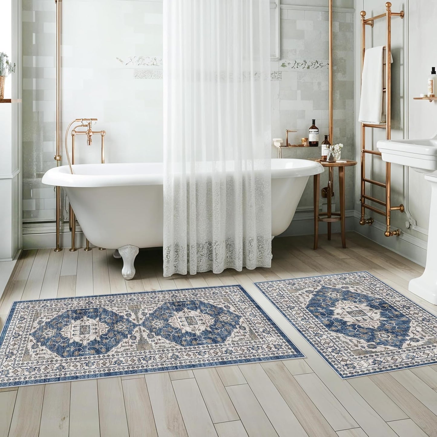 Skiennix Washable Kitchen Floor Mats - Non-Slip Water-Resistant Rugs for Easy Cleaning | 4-Piece Set in Blue