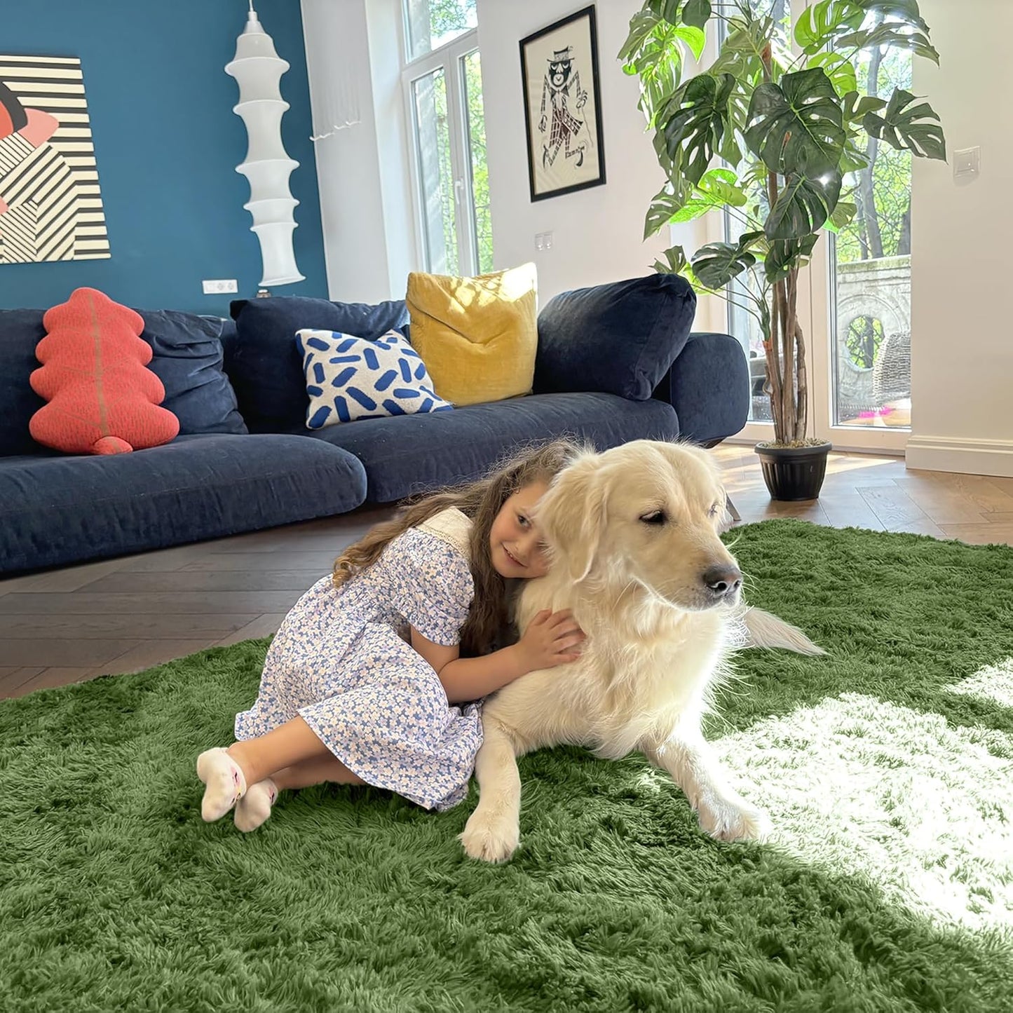 OLANLY Area Rugs - Soft Fluffy Shaggy Indoor Carpet for Living Room & Bedroom | 4x5.9 ft Green