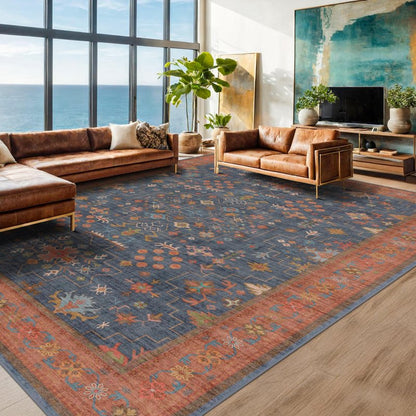 Washable Navy Blue Living Room Rug, 8x10 Area Rug For Bedroom, Dining Room Rugs for Under Table - Low Pile Non-Slip Rubber Backing Stain Resistant Rug - Aethestic Boho Home Decor (8x10 Navy Blue)