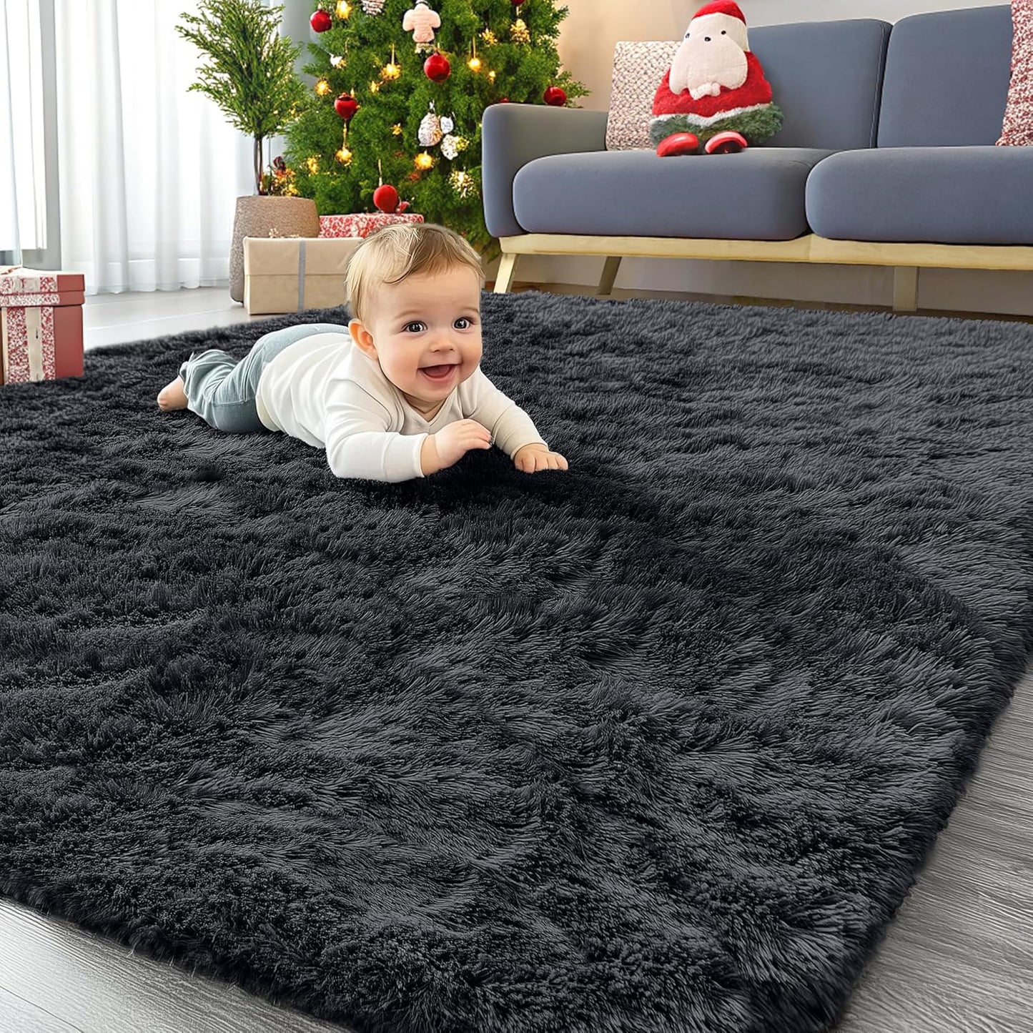 OLANLY Area Rugs - Soft Fluffy Shaggy Indoor Carpet for Living Room & Bedroom | 4x8 Black Design