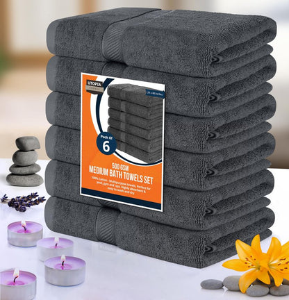 Utopia Towels 6 Pack Medium Bath Towel Set, 24 by 48 Inches, 500 GSM 100% Ring Spun Cotton, Lightweight and Highly Absorbent Quick Drying Premium Towels for Hotel, Spa and Bathroom, Grey