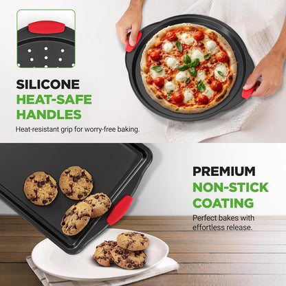 NutriChef Non-Stick Baking Pans Set - Deluxe Commercial Grade Bakeware with Red Silicone Handles | 8 Pieces, Stylish Gray Coating