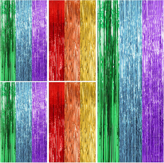 Skiennix Rainbow Backdrop - Colorful Tinsel Curtain Party Decorations | 5 Pack for Birthdays & Events