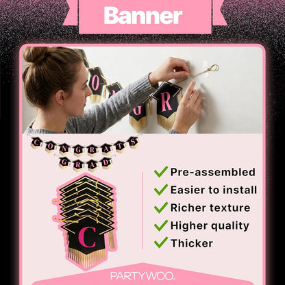 PartyWoo Graduation Decorations - Class of 2026 Black, Gold & Pink 19-Piece Set with Banner & Balloons