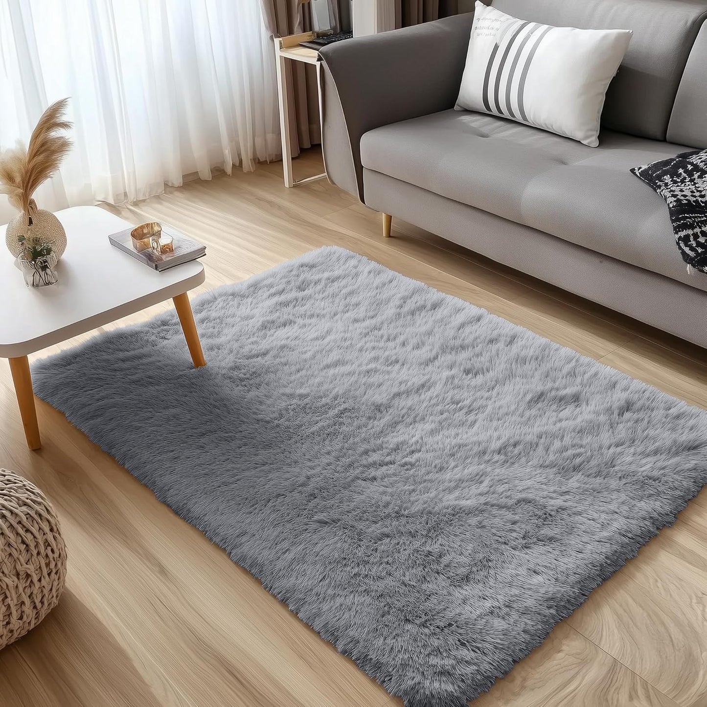OLANLY 3x6 Machine Washable Runner Rug - Soft Fluffy Shaggy Carpet for Bedroom & Hallway | Light Grey