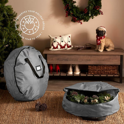 ZOBER Oxford Christmas Wreath Storage Container - 24 Inch Waterproof Bag with Dual Zippers & Durable Handles - Gray