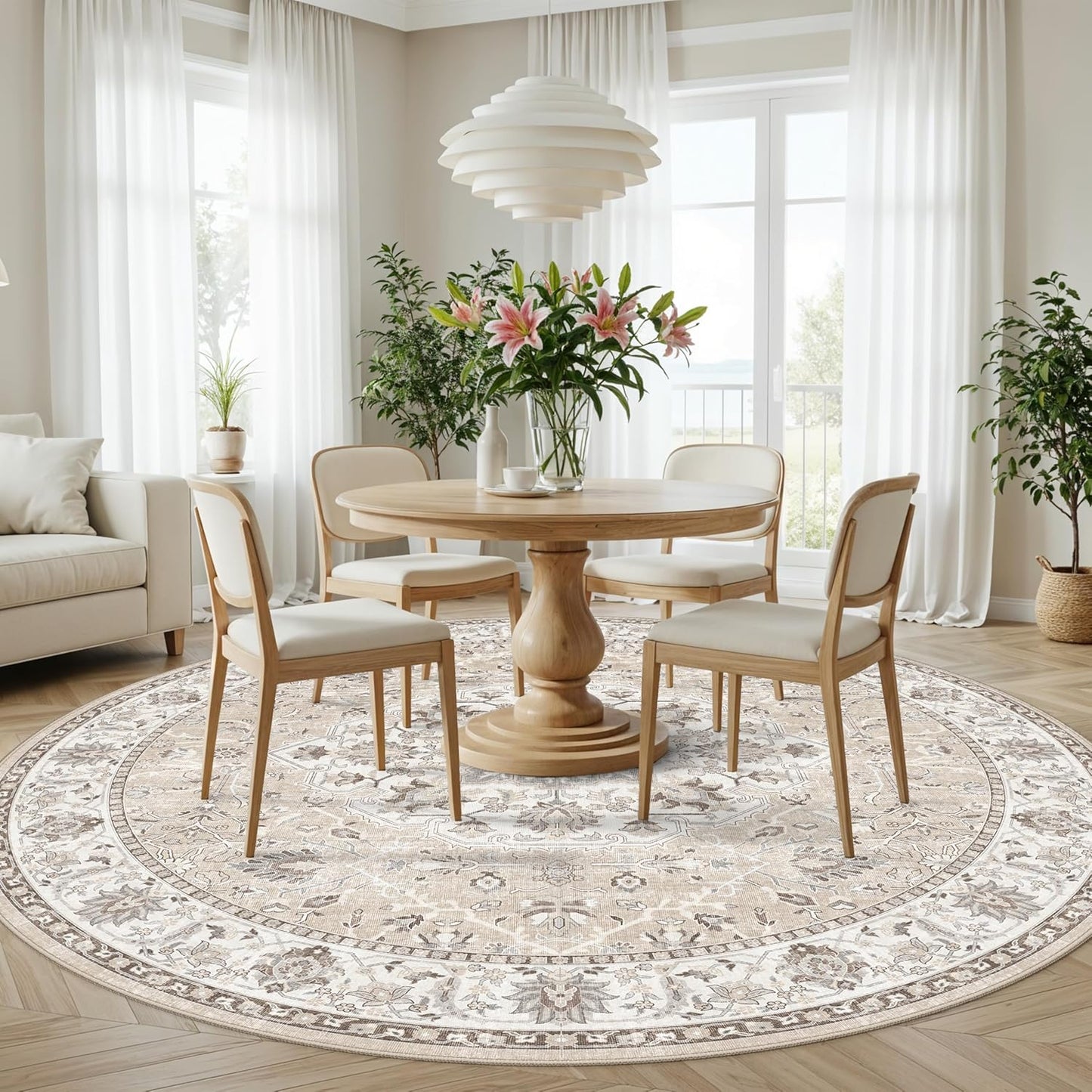 7x7 Living Room Area Rug - Washable Oriental Round Rug | Soft, Non-Slip, Stain-Resistant Beige Mat