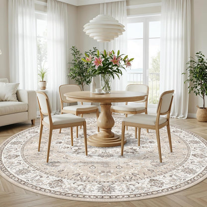 7x7 Living Room Area Rug - Washable Oriental Round Rug | Soft, Non-Slip, Stain-Resistant Beige Mat