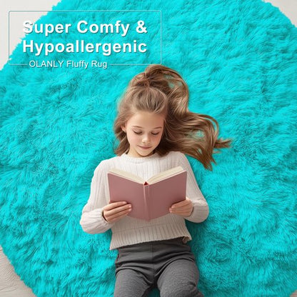 OLANLY Teal Blue Round Rugs for Bedroom - Machine Washable, 9 ft Circle Area Rugs for Living Room, Soft and Fluffy Shaggy Carpet for Teen Girls and Boys, Nursery Rooms, Dorms, Home Decor Aesthetic