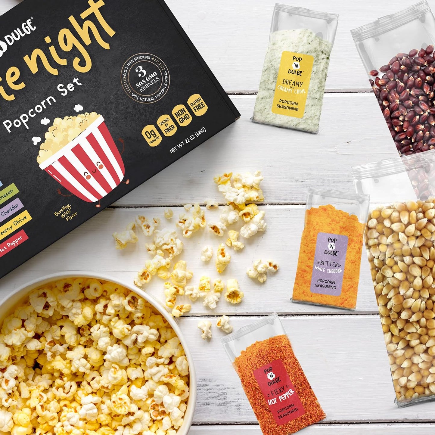 Pop n' Dulge Gourmet Popcorn Gift Set - 16 Pcs with 5 Non-GMO Kernels & Seasoning Packs | Perfect for Movie Nights & Housewarming Gifts