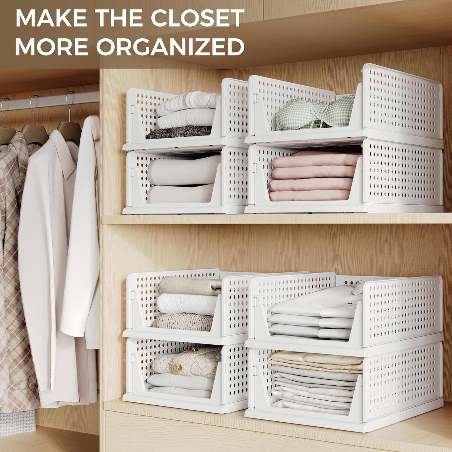 Pinkpum 8-Pack Closet Organizers - Stackable Plastic Storage Bins for Wardrobe, Kitchen & Bathroom - White