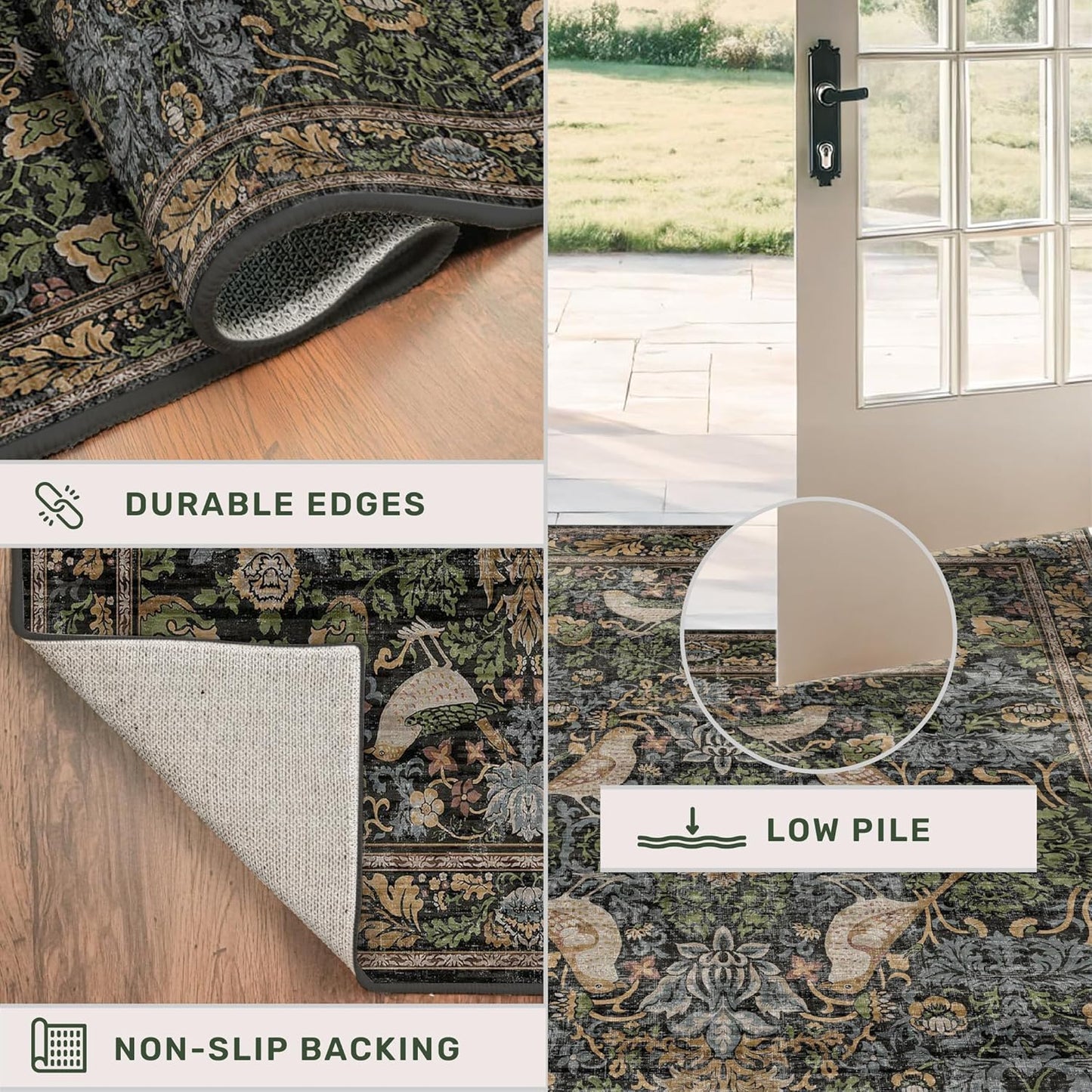 Skiennix Floral Kitchen Runner Rug - Boho Birds & Leaves Pattern | 2x6 Non-Slip, Washable Design for Hallway & Entryway