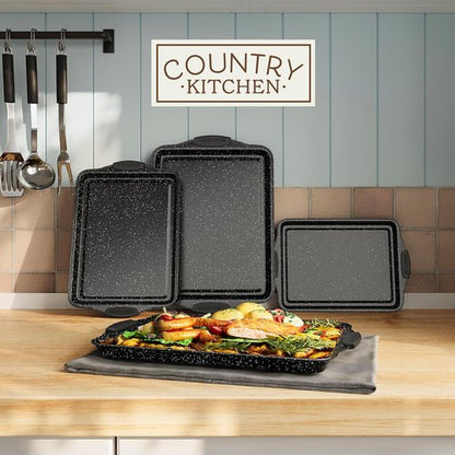 Country Kitchen Nonstick Bakeware Set - Heavy Duty & Easy Release | 4-Piece Black Stackable Set