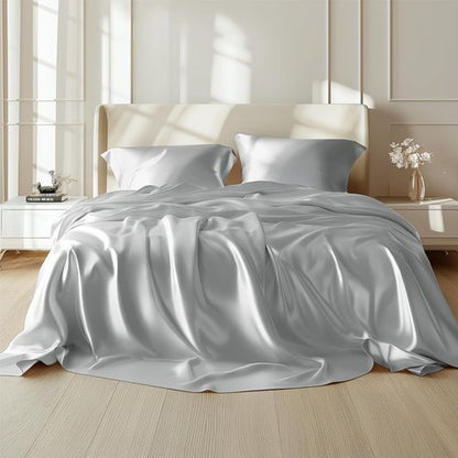Bedsure Satin Sheets - Silver Grey Bundle with Comforter & Duvet Insert - Luxurious Bedding Set