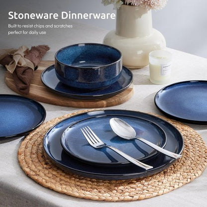 E-far Dinnerware Set - 12-Piece Stoneware Plates & Bowls | Microwave & Dishwasher Safe - Deep Sea Blue