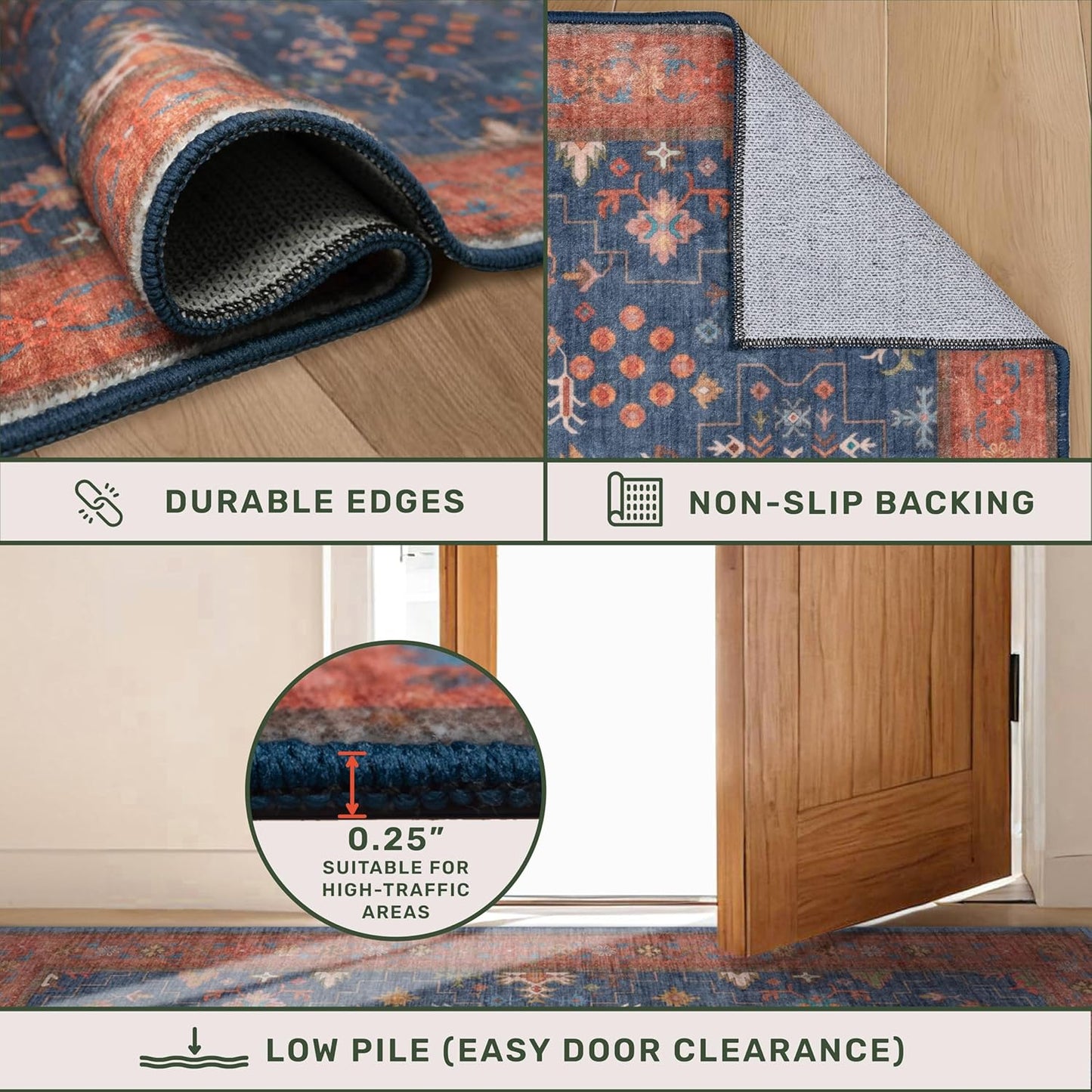 Regine Switzerland Washable 10 ft Long Hallway Runner Rug - Navy Blue, Pet-Friendly & Non-Slip Design
