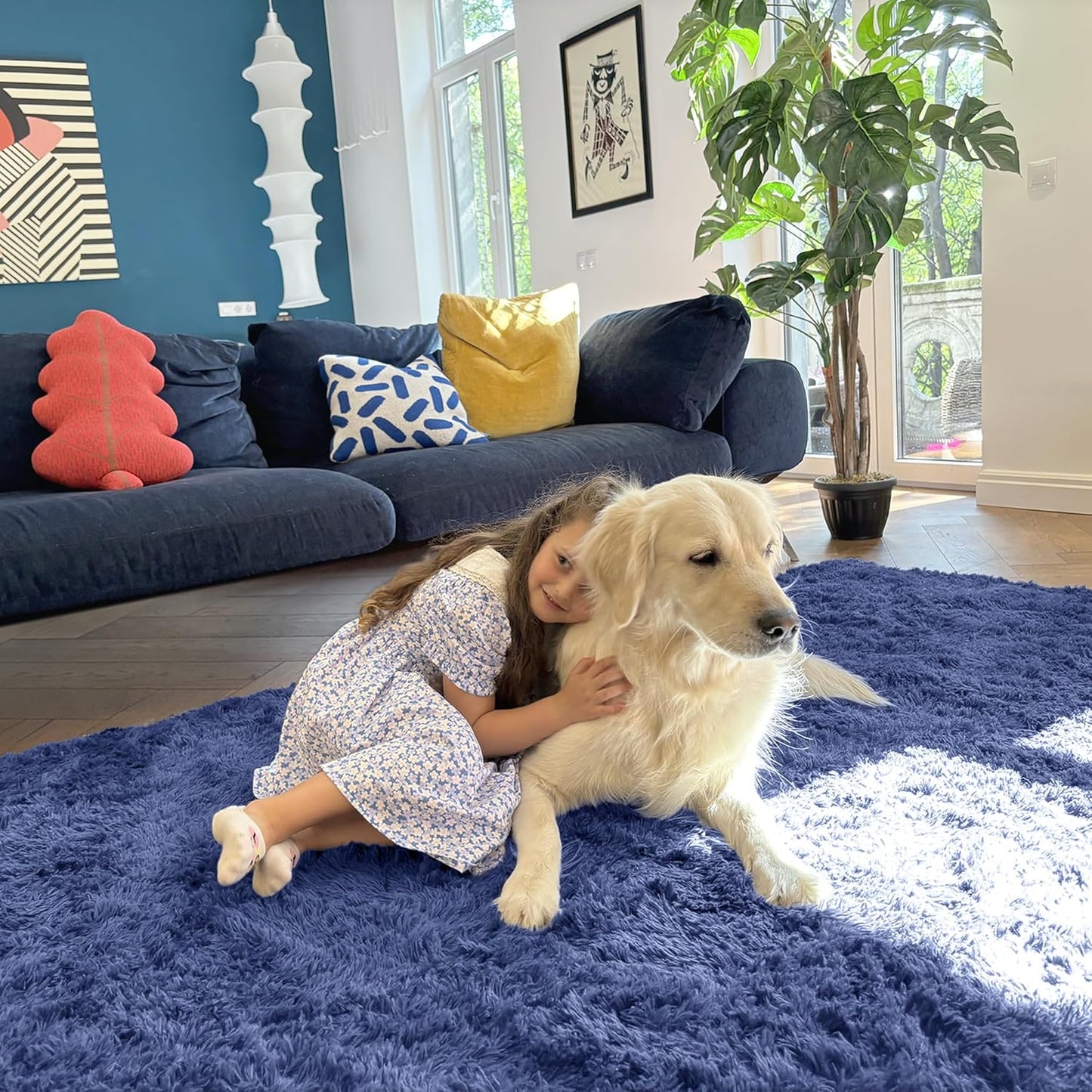 OLANLY Large Area Rug - Soft Fluffy Shaggy Carpet for Living Room & Bedroom | 5x8 Denim Blue