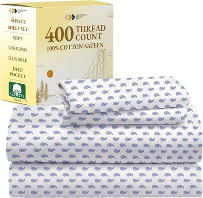 California Design Den Full Size Bed Sheets Set - 400 Thread Count, 100% Cotton, Deep Pocket - Paisley Blue