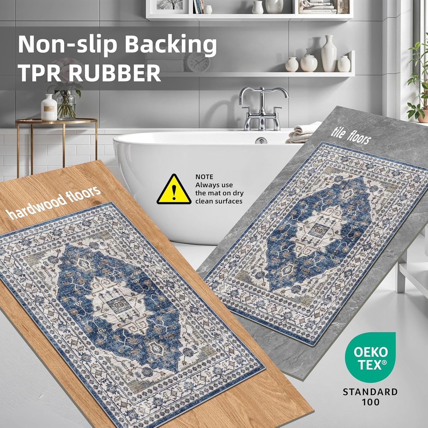 Skiennix Washable Kitchen Floor Mats - Non-Slip Water-Resistant Rugs for Easy Cleaning | 4-Piece Set in Blue