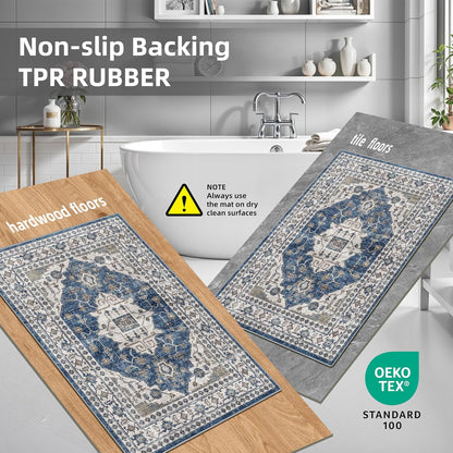 Skiennix Washable Kitchen Floor Mats - Non-Slip Water-Resistant Rugs for Easy Cleaning | 4-Piece Set in Blue
