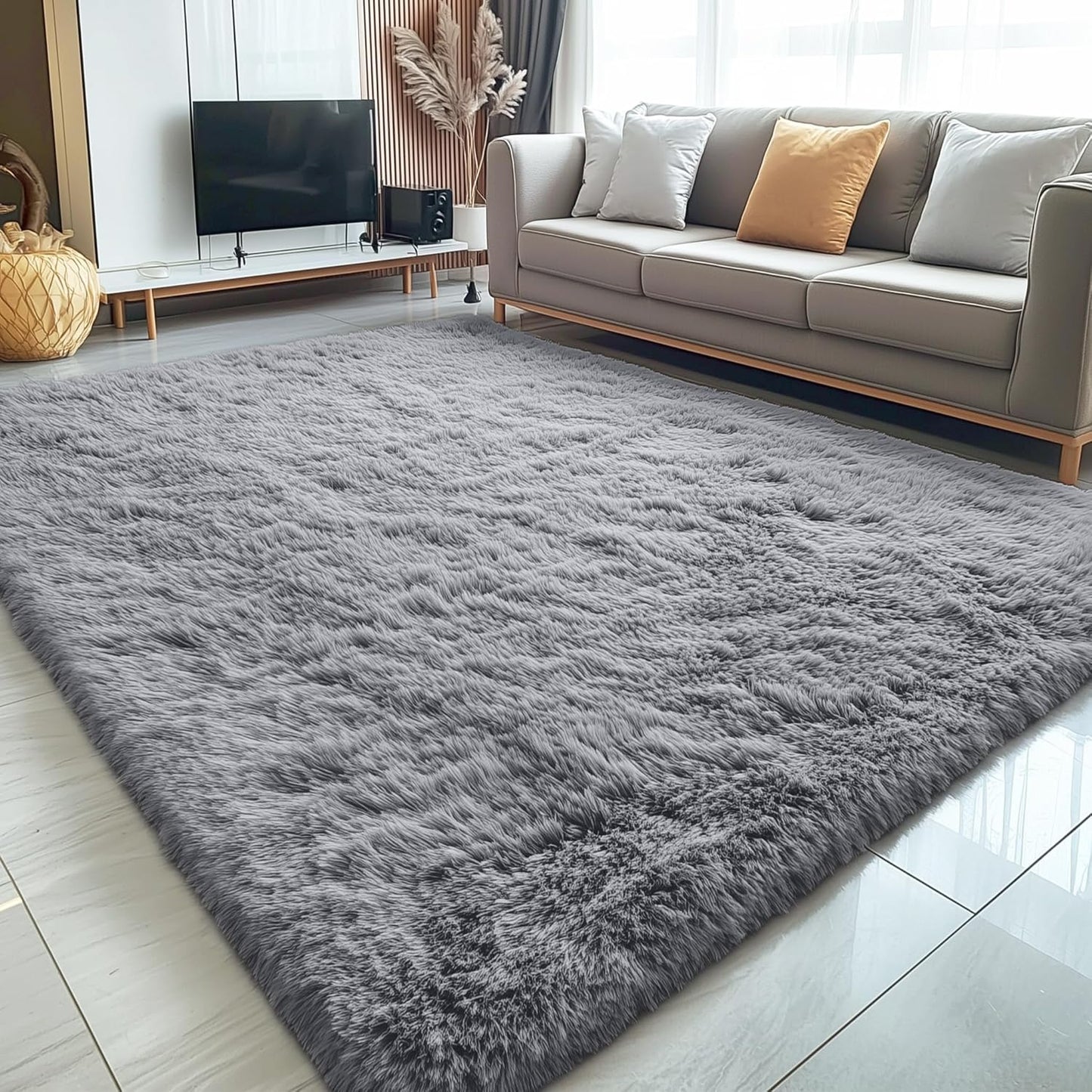 OLANLY 6x6 Area Rug - Soft, Fluffy Shaggy Design for Living Room & Bedroom | Machine Washable, Light Grey