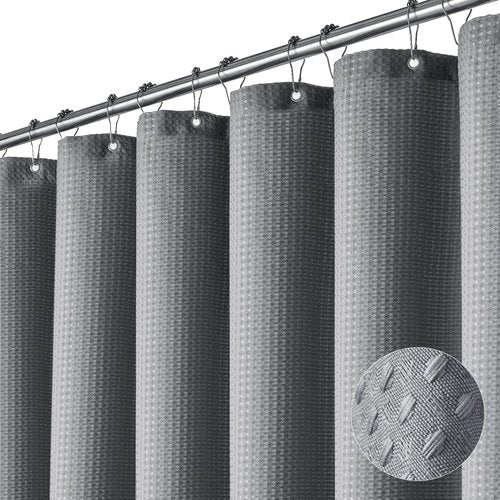 Dynamene Grey Fabric Shower Curtain for Bathroom - Waffle Weave Textured Heavy Duty , 256GSM Hotel Luxury Weighted Cloth Bath Curtain Set with 12 Plastic Hooks,72x72, Grey/Gray