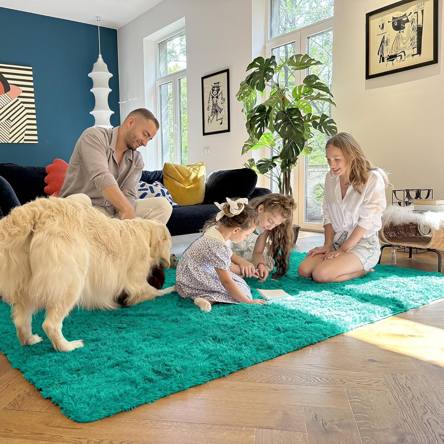 OLANLY Area Rug - Soft Fluffy Shaggy Design | Machine Washable 4x5.9 ft Teal Green Carpet for Kids & Nursery