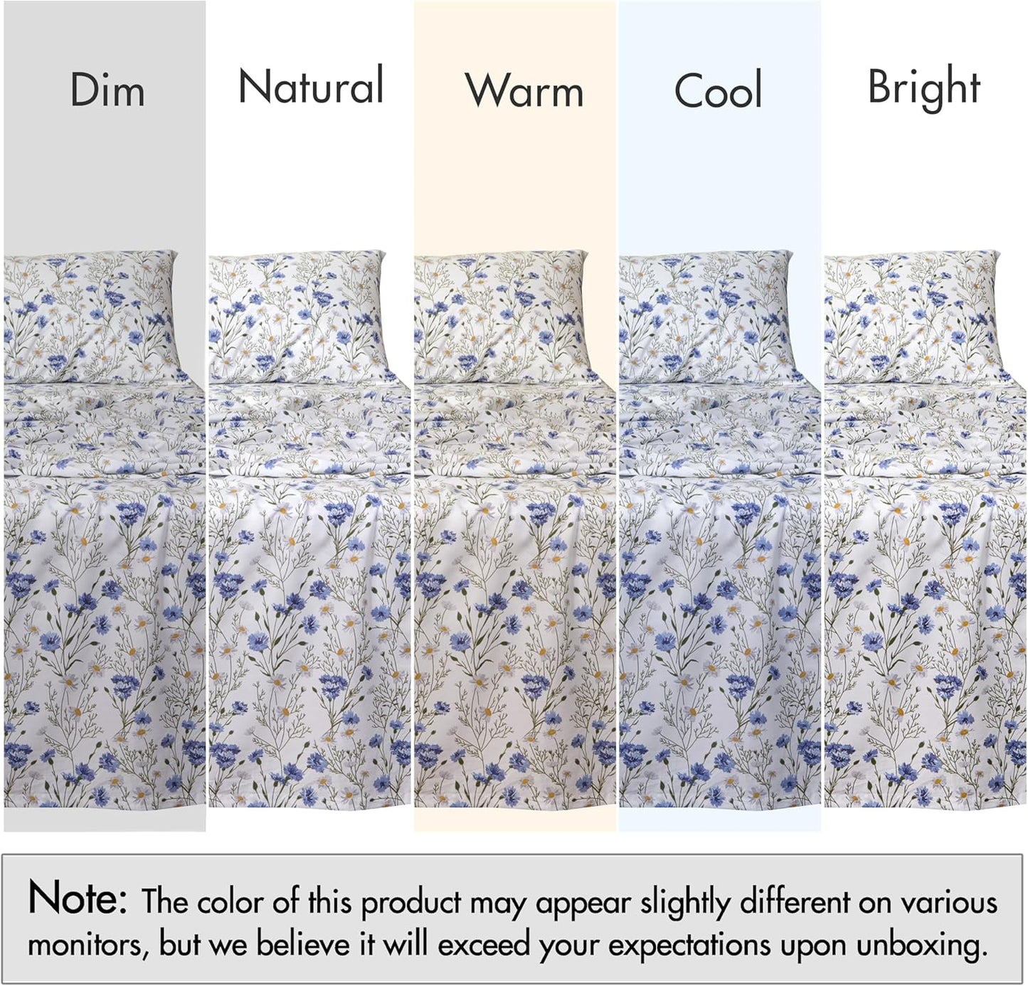 RUVANTI King Size Cotton Sheets - 100% Percale Bedding, Cooling Floral Design, 4-Piece Set, 16" Deep Pocket, Soft & Durable