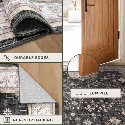 Boho Black Rug - Washable 10x12 Area Rug for Living Room & Dining Room | Soft Low Pile Carpet, Non-Slip & Stain Resistant