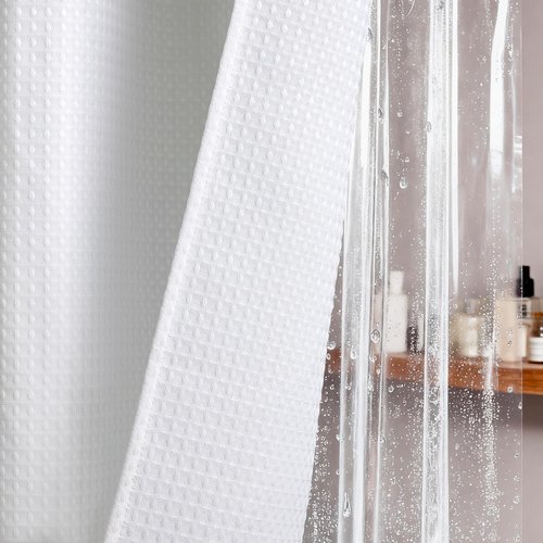 Dynamene Extra Long Shower Curtain and Liner Set - 84 inch Tall Waffle Fabric, Waterproof Clear Liner, Heavy Duty Weighted Hotel Luxury Cloth Shower Curtains for Bathroom with 12 Hooks, 72x84, White
