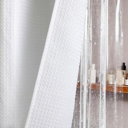 Dynamene White Shower Curtain and Liner Set, Waffle Weave Fabric, Waterproof Clear Liner, 256GSM Heavy Duty Weighted Hotel Luxury Cloth Shower Curtains for Bathroom with 12 Plastic Hooks, 72Wx72H