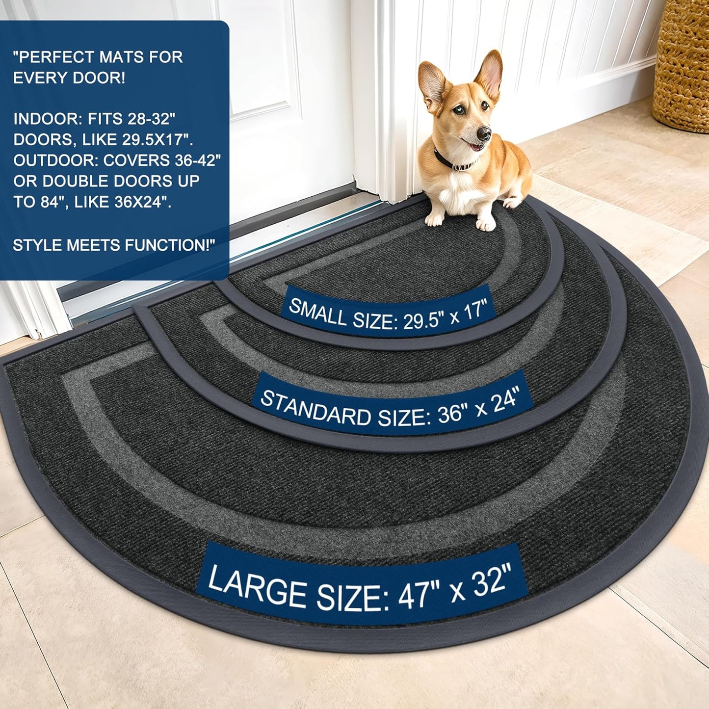 OLANLY Half Circle Door Mat - Waterproof All-Season Doormat for Indoor/Outdoor Use | 47x32, Black