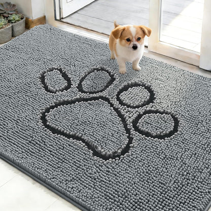 OLANLY Dog Door Mat - Absorbent Non-Slip Mud Mat for Muddy Paws | 48x30 Inches, Grey Paw Print Design