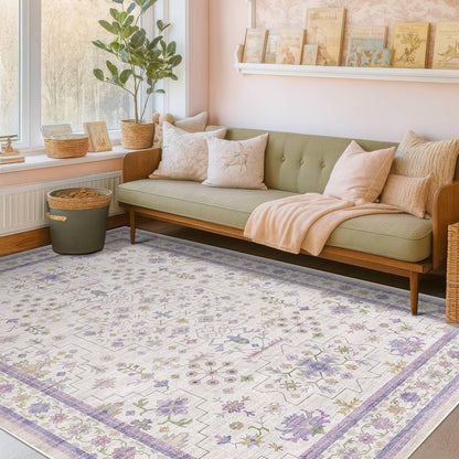 Regine Switzerland Light Purple Floral Area Rug - 5x8 Washable Non-Slip Carpet for Kids' Rooms