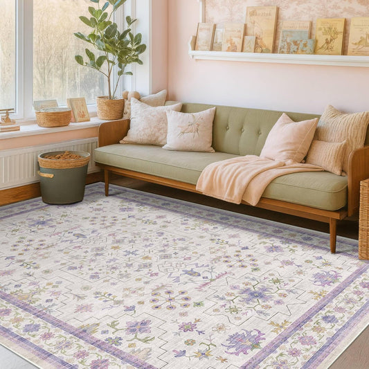 Regine Switzerland Light Purple Floral Area Rug - 5x8 Washable Non-Slip Carpet for Kids' Rooms