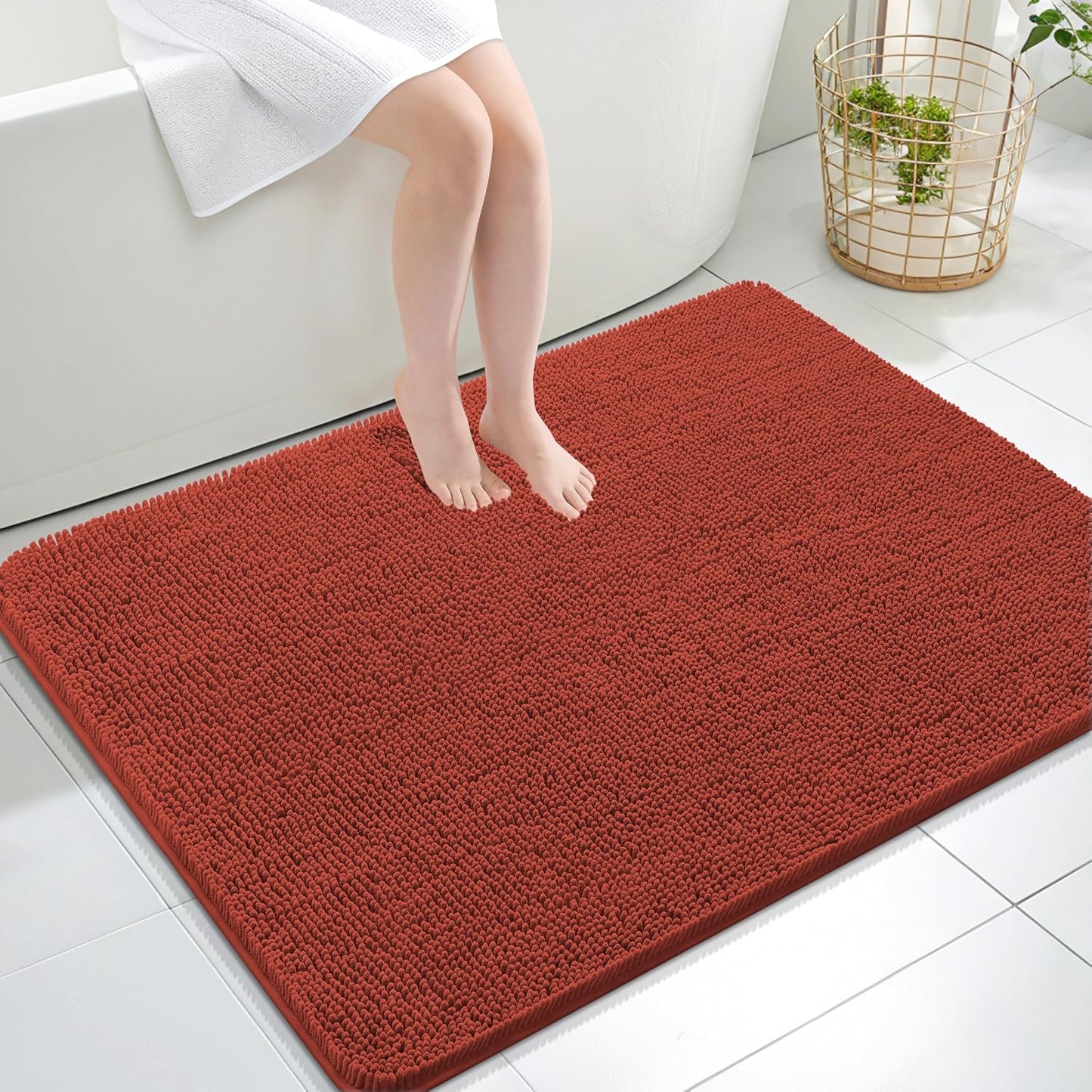 OLANLY Large Bathroom Rugs - Soft Absorbent Chenille Bath Mats | Quick-Dry Rubber Backing, Rustic Terracotta 40x32