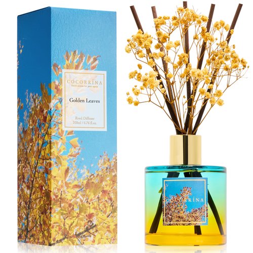 COCORRÍNA Reed Diffuser - Golden Leaves Reed Diffuser Set with 8 Sticks & Preserved Baby's Breath, Reed Diffuser for Home Bathroom Shelf Decor