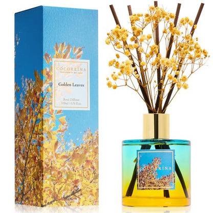 COCORRÍNA Reed Diffuser - Golden Leaves Reed Diffuser Set with 8 Sticks & Preserved Baby's Breath, Reed Diffuser for Home Bathroom Shelf Decor