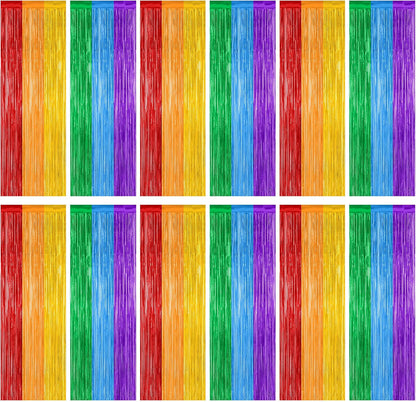 Skiennix Rainbow Backdrop - 12 Pack Metallic Fringe Curtains | 3.28 FT x 7.05 FT Pride Party Decor