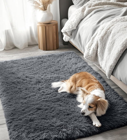 OLANLY 4x4 Soft Fluffy Shaggy Accent Rug - Machine Washable Indoor Carpet for Bedroom & Nursery, Grey