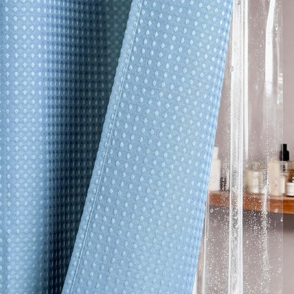 Dynamene Stall Shower Curtain and Liner Set - 36 x 72 inch Half Waffle Fabric, Narrow Waterproof Clear Liner, Heavy Duty Weighted Hotel Luxury Shower Curtains for Bathroom, 6 Hooks, Moonlight Blue
