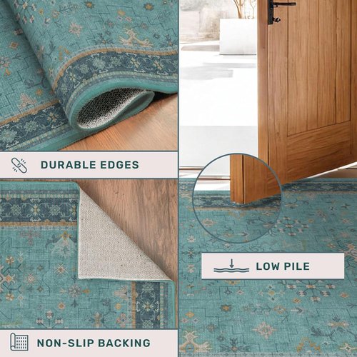 Boho Hallway Runner Rugs - Teal 2'6"x10' Washable Indoor Mats with Non-Slip Rubber Backing