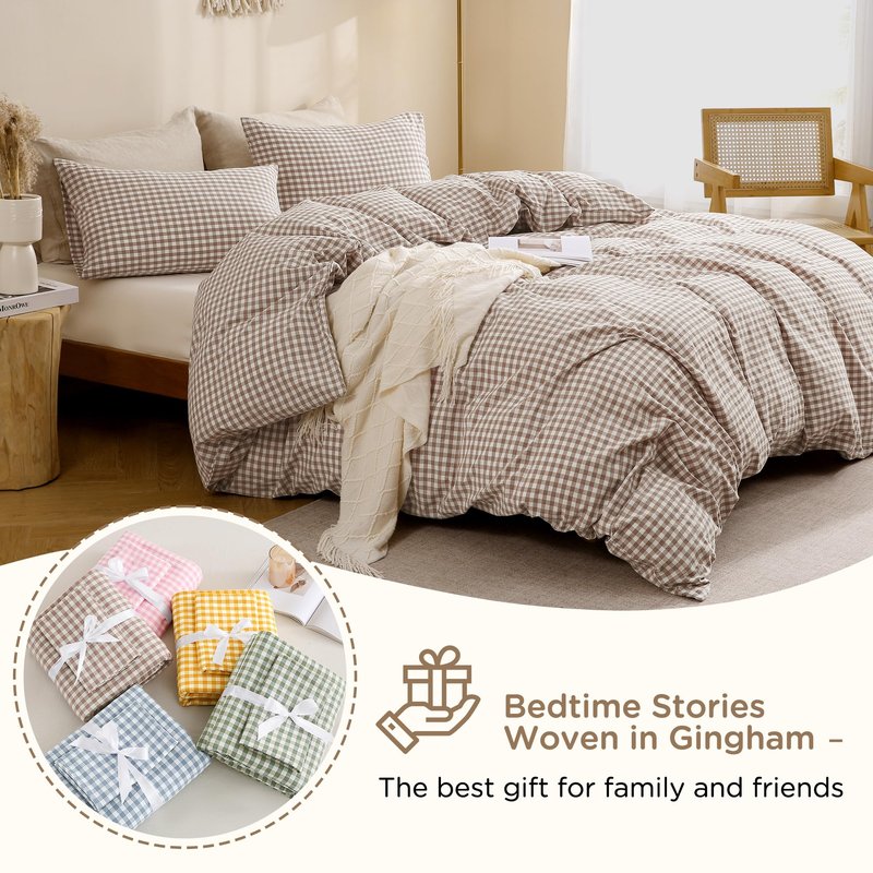 TOCOMOA Tan Gingham Duvet Cover Bedding Set 100% Washed Cotton Like Linen Feel Super Soft Comfy 3 Piece Brown Vintage Plaid Checkered Fall Comforter Cover Set (King 104"x90", Comforter Not Included)
