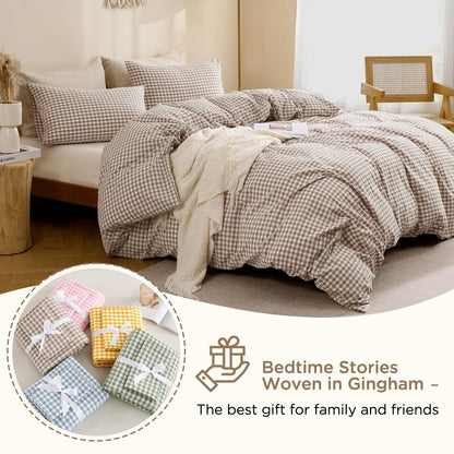 TOCOMOA Tan Gingham Duvet Cover Bedding Set 100% Washed Cotton Like Linen Feel Super Soft Comfy 3 Piece Brown Vintage Plaid Checkered Fall Comforter Cover Set (King 104"x90", Comforter Not Included)