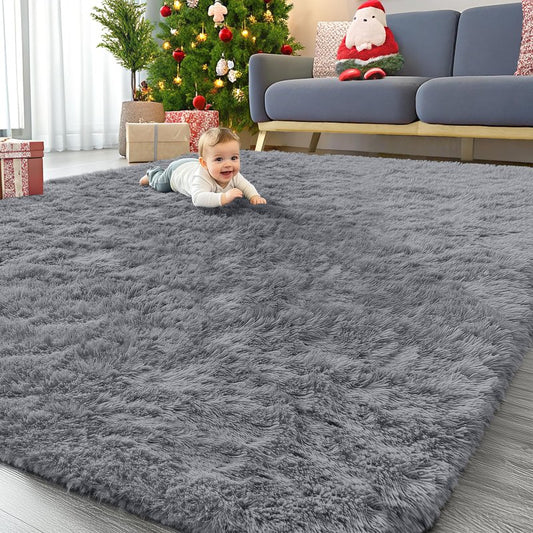 OLANLY 7x8 Machine Washable Large Area Rugs for Living Room, Bedroom, Soft Fluffy Shaggy Bedside Rug, Indoor Floor Carpet for Kids Girls and Boys, Dorms, Nursery, Home Decor Aesthetic, Light Grey