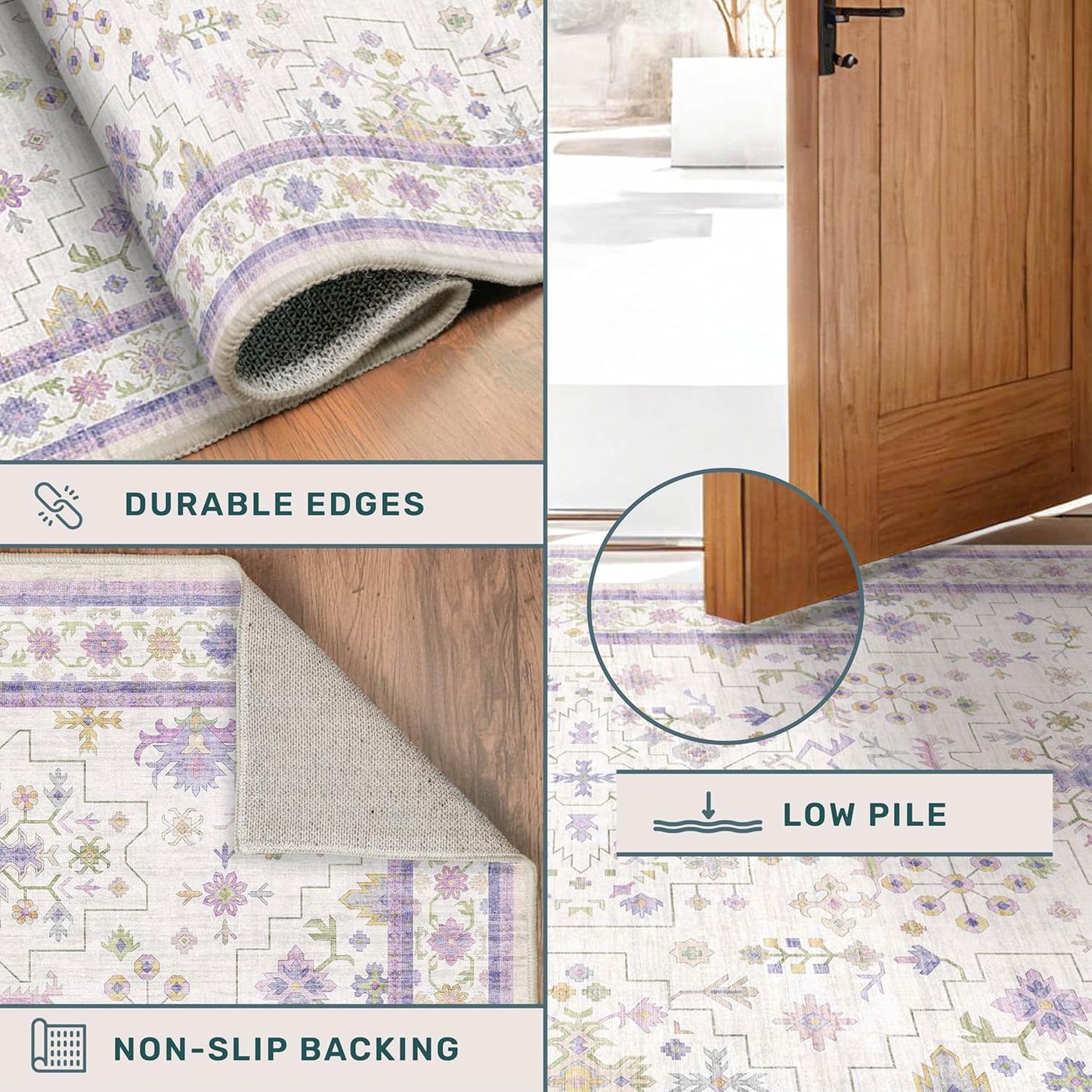 Regine Switzerland Light Purple Floral Area Rug - 5x8 Washable Non-Slip Carpet for Kids' Rooms