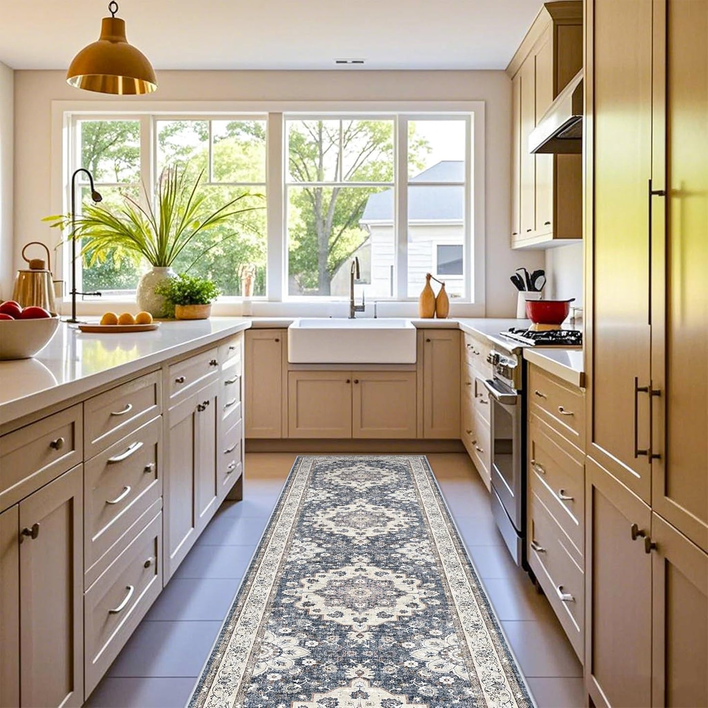 Skiennix Washable 3x12 Hallway Runner Rug - Non-Slip Floral Design | Stain Resistant Low Pile Mat (Blue)